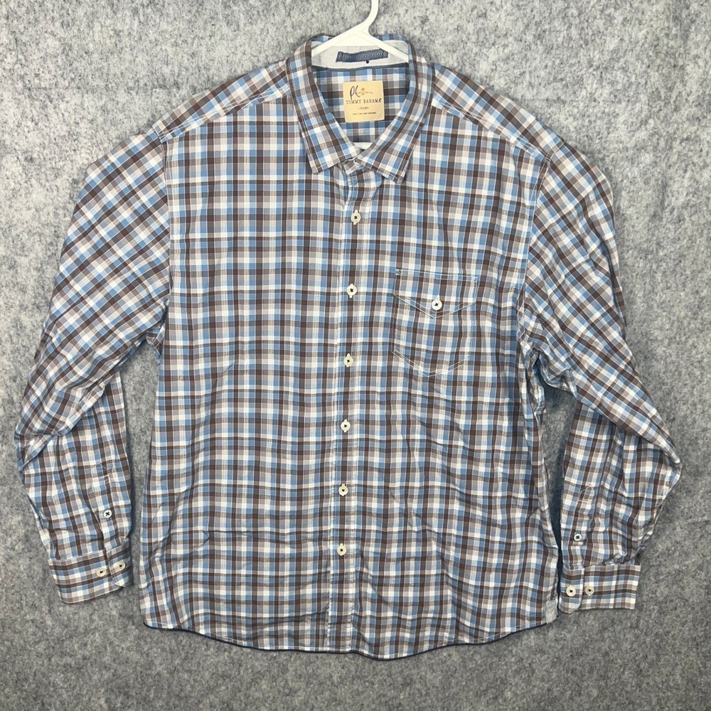 Tommy Bahama Jeans Mens XL Blue Brown Plaid Long Sleeve Cotton Button Down Shirt